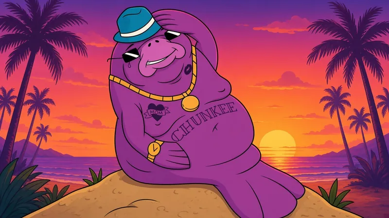 Chunkee lounging on the beach at sunset