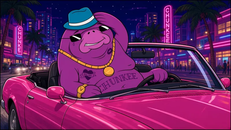 Chunkee driving a pink convertible down a neon-lit strip