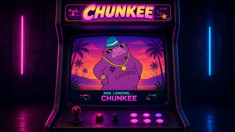 A neon arcade cabinet titled CHUNKEE showing the manatee on screen