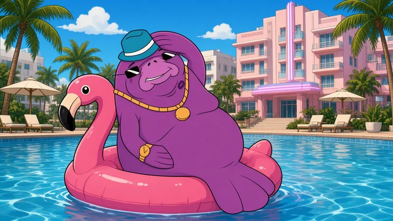 Chunkee floating on a pink flamingo in a pastel hotel pool