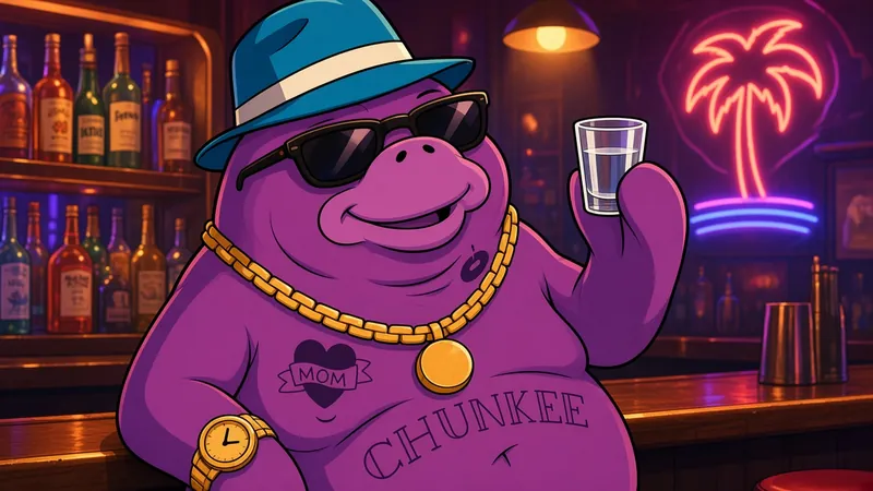 Chunkee at a neon bar raising a shot glass