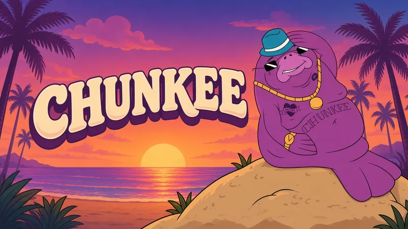 CHUNKEE in giant sunset letters next to Chunkee lounging on a sand dune